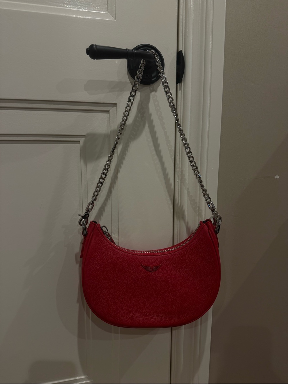 Zadig & Voltaire Red Crescent Shoulder Bag with Silver Chain